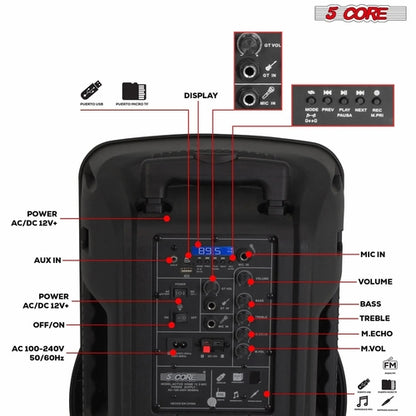 5Core 12 Inch PA Portable Bluetooth Party Speaker Karaoke Boombox + 2